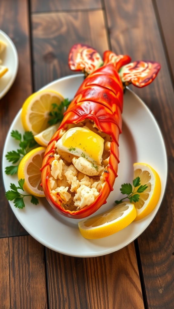 Baked lobster tail topped with garlic butter, served with lemon wedges and garnished with parsley on a rustic table.